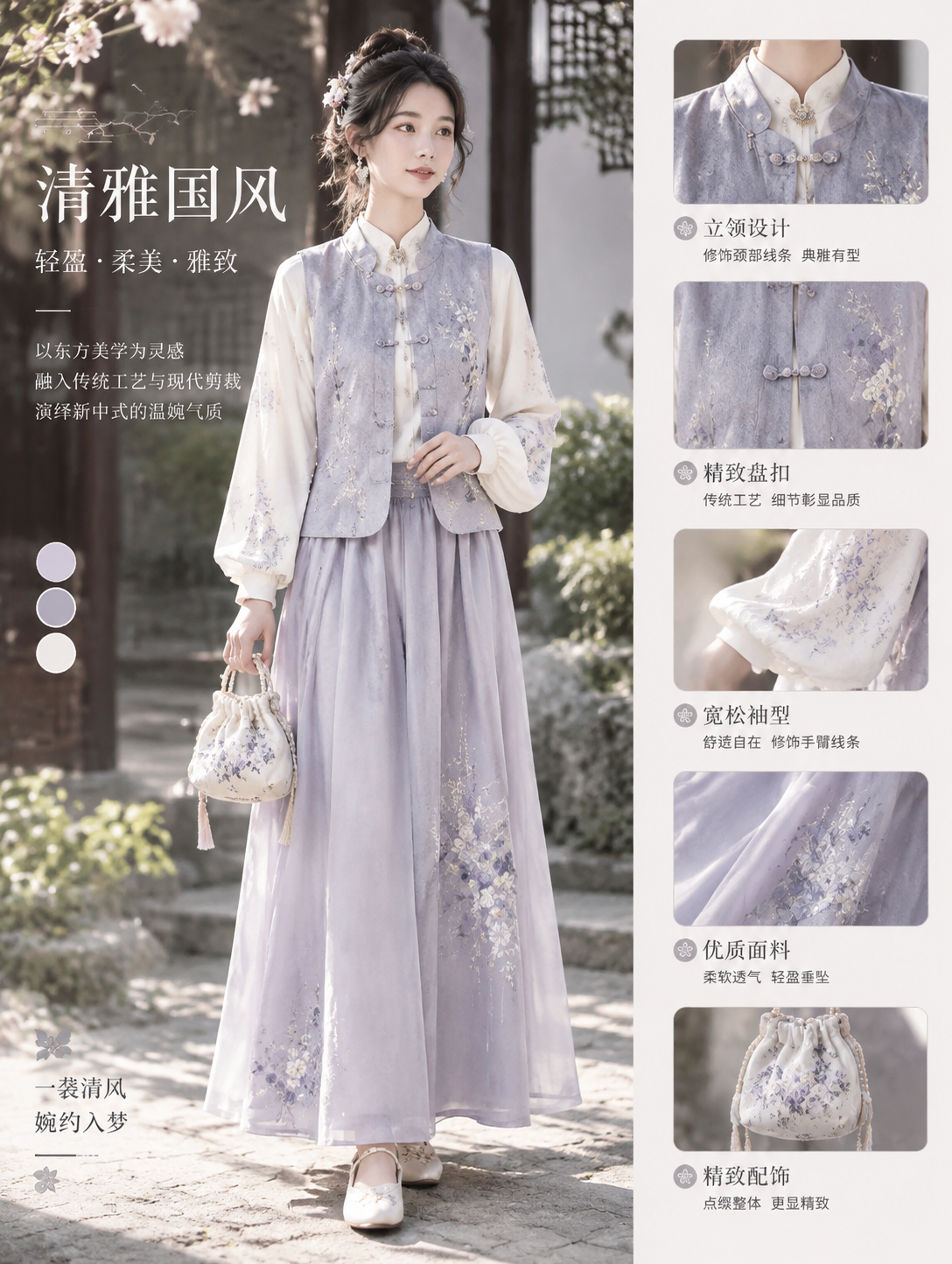 7套新中式早秋穿搭｜低饱和国风通勤，盘扣马甲、立领衬衫、阔腿裤、纱裙都好搭
